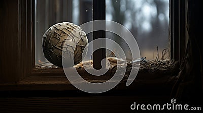 Goblincore-inspired Ball Stands Behind Abandoned House Window Stock Photo
