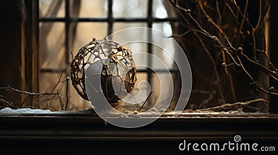 Goblincore-inspired Ball Stands Behind Abandoned House Window Stock Photo