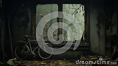 Goblincore-inspired Bike Stand In Abandoned House Window Stock Photo