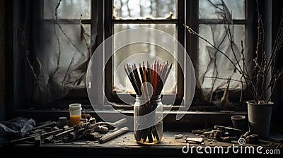 Goblincore-inspired Pencil Stand In Abandoned House Window Stock Photo