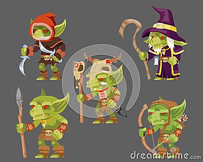 Goblins characters set dungeon monster army fantasy medieval action RPG game characters vector illustration Vector Illustration