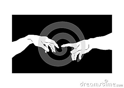 God and Adams hands. Creation of human. Genesis. Touch of god. Spirituality. A section of Michelangelo`s fresco Sistine Chapel ce Vector Illustration