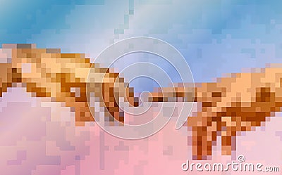 God and Adams hands. Creation of human. Genesis. Touch of god. Spirituality. A section of Michelangelo`s fresco Sistine Chapel Vector Illustration