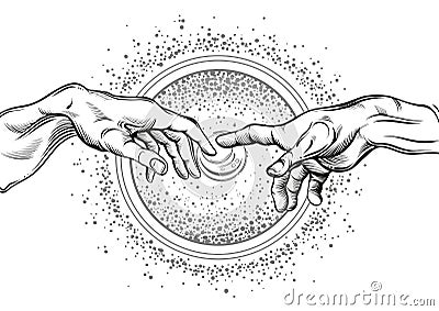 God and Adams hands. Modern vector illustration. The Creation of Adam. Philosophy of the Universe and religious motives. Vector Illustration