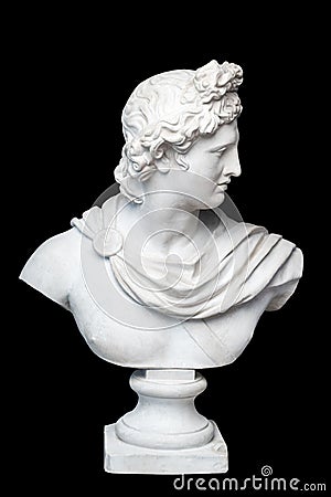 God Apollo bust sculpture. Ancient Greek god of Sun and Poetry Plaster copy of a marble statue isolated on black. Stock Photo