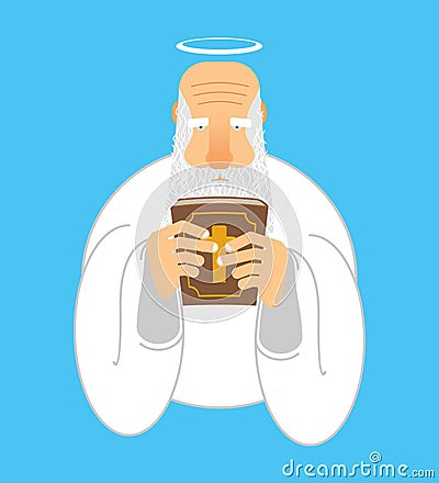 God and Bible. Gray-haired old man with halo. Holy book Vector Illustration