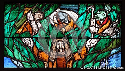 God, the Creator of all life, detail of stained glass window by Sieger Koder in church of St John in Piflas, Germany Editorial Stock Photo