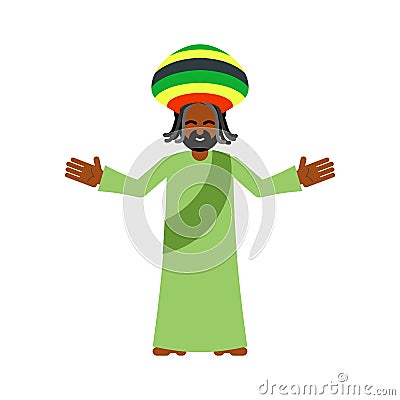 God ganja. idol Jah gives rasta. Reggae Rastafarian hat and dreadlocks. Rastaman deity. Jamaican deity brings gifts Vector Illustration