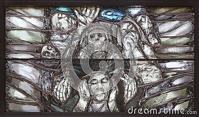 God leads his own to completion in all his glory, detail of stained glass window in church of Saint John in Piflas, Germany Stock Photo