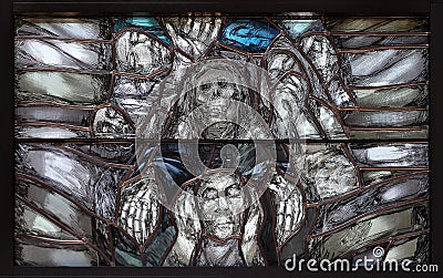 God leads his own to completion in all his glory, detail of stained glass window in church of Saint John in Piflas, Germany Editorial Stock Photo