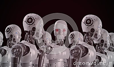 God-like AI, superintelligent artificial intelligence develops autonomously. A robot with red eyes turns and looks at you. Stock Photo