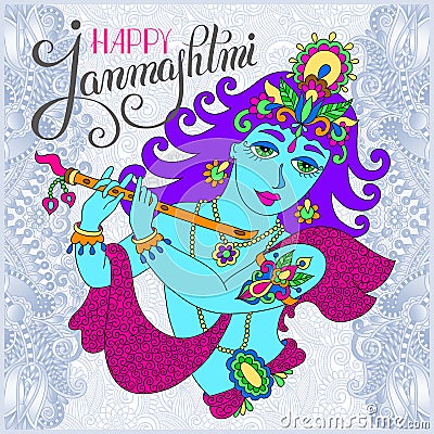 god lord Krishna with hand lettering inscription happy janmashtmi for indian festival Vector Illustration