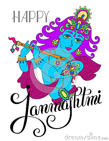 god lord Krishna with hand lettering inscription happy janmashtmi for indian festival Vector Illustration