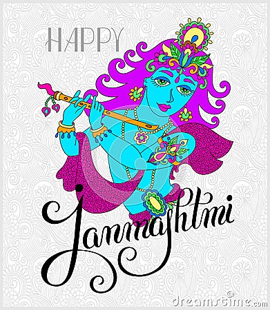 god lord Krishna with hand lettering inscription happy janmashtmi for indian festival Vector Illustration