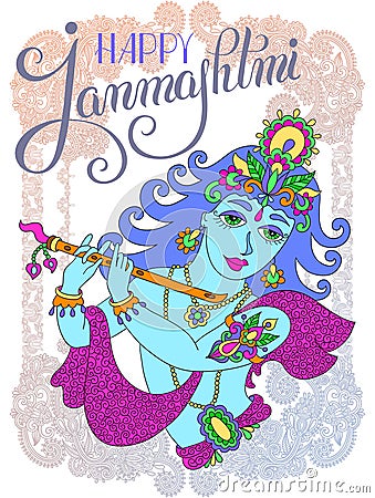 god lord Krishna with hand lettering inscription happy janmashtmi for indian festival Vector Illustration