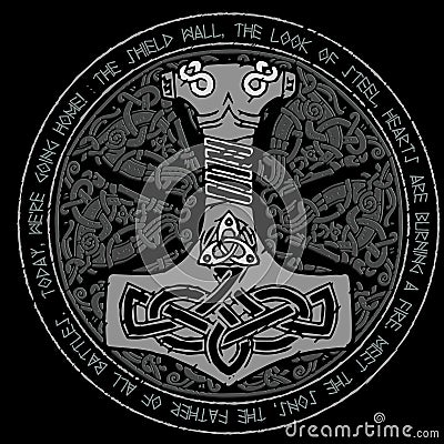 God Thor Hammer - Mjollnir. Round traditional Scandinavian ornament and runic text Vector Illustration