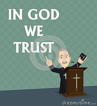 In God We Trust Priest Preaching at Podium Vector Illustration