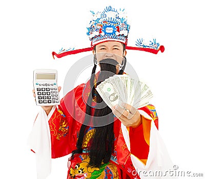 God of wealth holding a compute machine and money Stock Photo