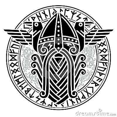 God Wotan and two ravens in a circle of Norse runes. Illustration of Norse mythology Vector Illustration