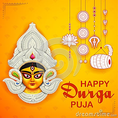 Goddess Durga Face in Happy Durga Puja Subh Navratri background Vector Illustration