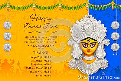 Goddess Durga Face in Happy Durga Puja Subh Navratri background Vector Illustration