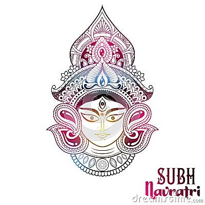 Goddess Durga Face in Happy Durga Puja Subh Navratri background Vector Illustration