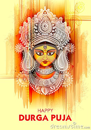 Goddess Durga Face in Happy Durga Puja Subh Navratri background Vector Illustration