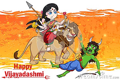 Goddess Durga killing demon Mahishasura for Happy Vijayadashami Dussehra Vector Illustration