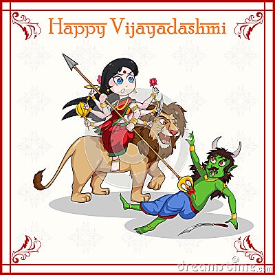 Goddess Durga killing demon Mahishasura for Happy Vijayadashami Dussehra Vector Illustration