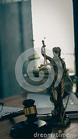 Goddess of injustice and hammer judge hammer symbol concept scale of justice law Stock Photo