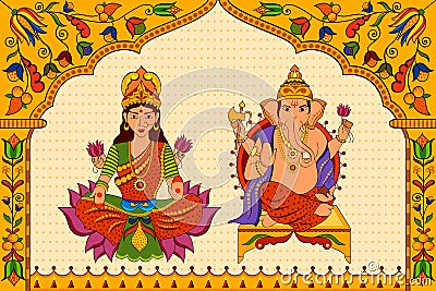 Goddess Lakshmi and Lord Ganesha in Happy Diwali background Vector Illustration