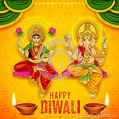 Goddess Lakshmi and Lord Ganesha on happy Diwali Holiday doodle background for light festival of India Vector Illustration