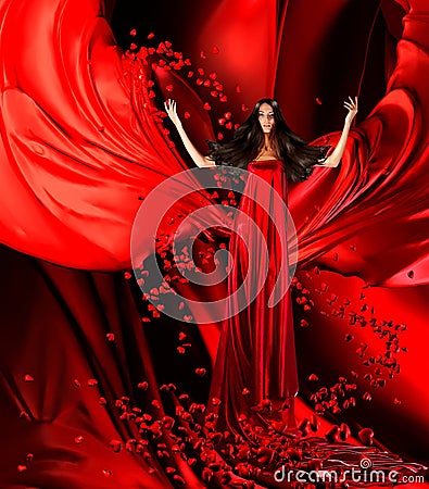 Goddess of love in red dress with magnificent hair and hearts on Stock Photo