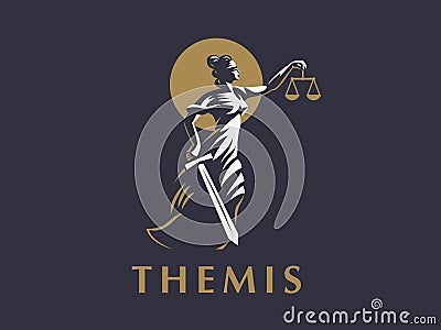 The goddess Themis with a sword of justice and weights in her hands Vector Illustration