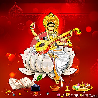 Goddess of Wisdom Saraswati for Vasant Panchami India festival background Vector Illustration