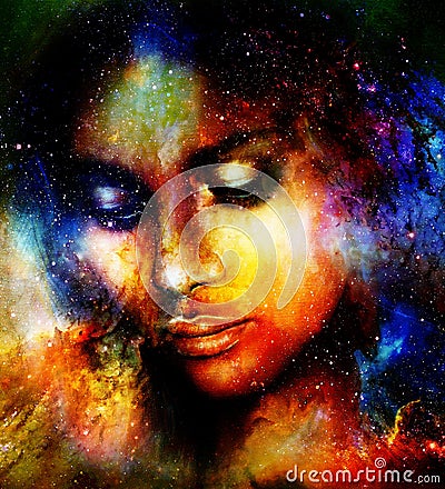 Goddess Woman in Cosmic space. Cosmic Space background. Stock Photo