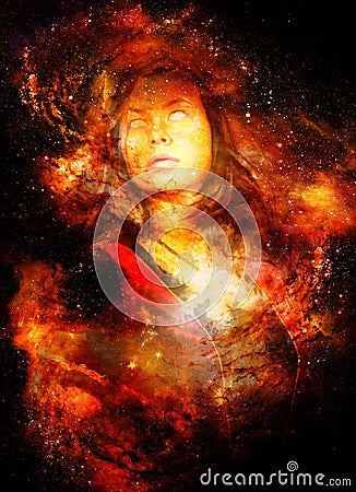 Goddess Woman in Cosmic space. Cosmic Space background. eye contact. Fire effect. Stock Photo