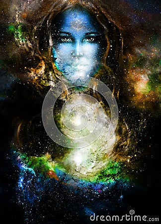 goddess woman and symbol Yin Yang in cosmic space. Stock Photo