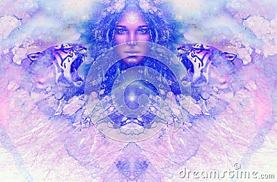 Goddess Woman and tiger. Computer collage and marble Structure. Stock Photo