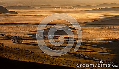 Sunrise on the goden grassland Stock Photo