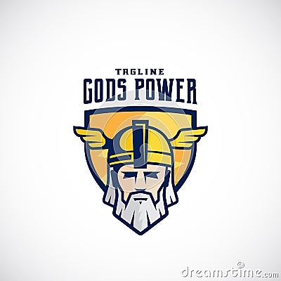 Gods Power Vector Sport Team or League Logo Template. Odin Face in a Shield, with Typography. Vector Illustration