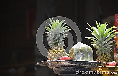 Gods sacrifice with many fruits and sweets Is the belief Stock Photo