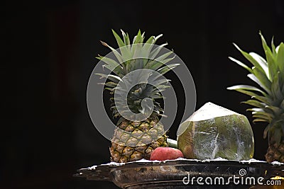 Gods sacrifice with many fruits and sweets Is the belief Stock Photo