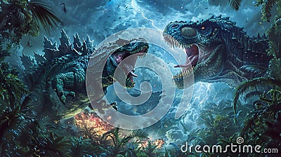 Godzilla facing off against a T Rex in a jungle ai generated Stock Photo