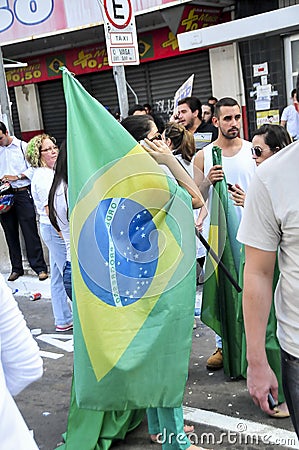 Protest against the government population on the street with flag of Brazil Editorial Stock Photo