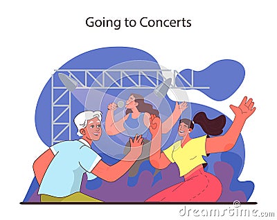 Going to Concerts concept. Energetic friends dancing and singing along at a live music event. Vector Illustration