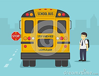 Going to school on yellow school bus. Back view of a yellow bus on the city road. School kid is going to get into the bus. Vector Illustration