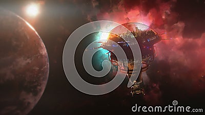 Going to the space station near the planet and nebula. 3d illustration Cartoon Illustration