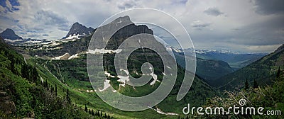 Going to the Sun Road, View of Landscape, snow fields In Glacier National Park around Logan Pass, Hidden Lake, Highline Trail, whi Stock Photo