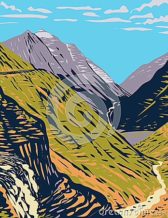 Going-To-The-Sun Road Viewed from Logan Pass a Scenic Mountain Road in the Rocky Mountains Located in Glacier National Park in Vector Illustration